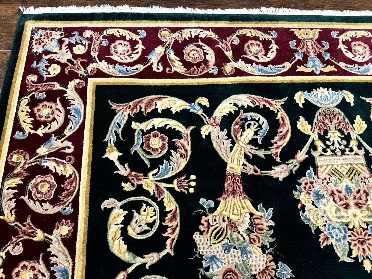 Aubusson Rug 9x12, Dark Green, European Design, Vintage Fine Handmade Carpet, Elegant - Jewel Rugs, view 7