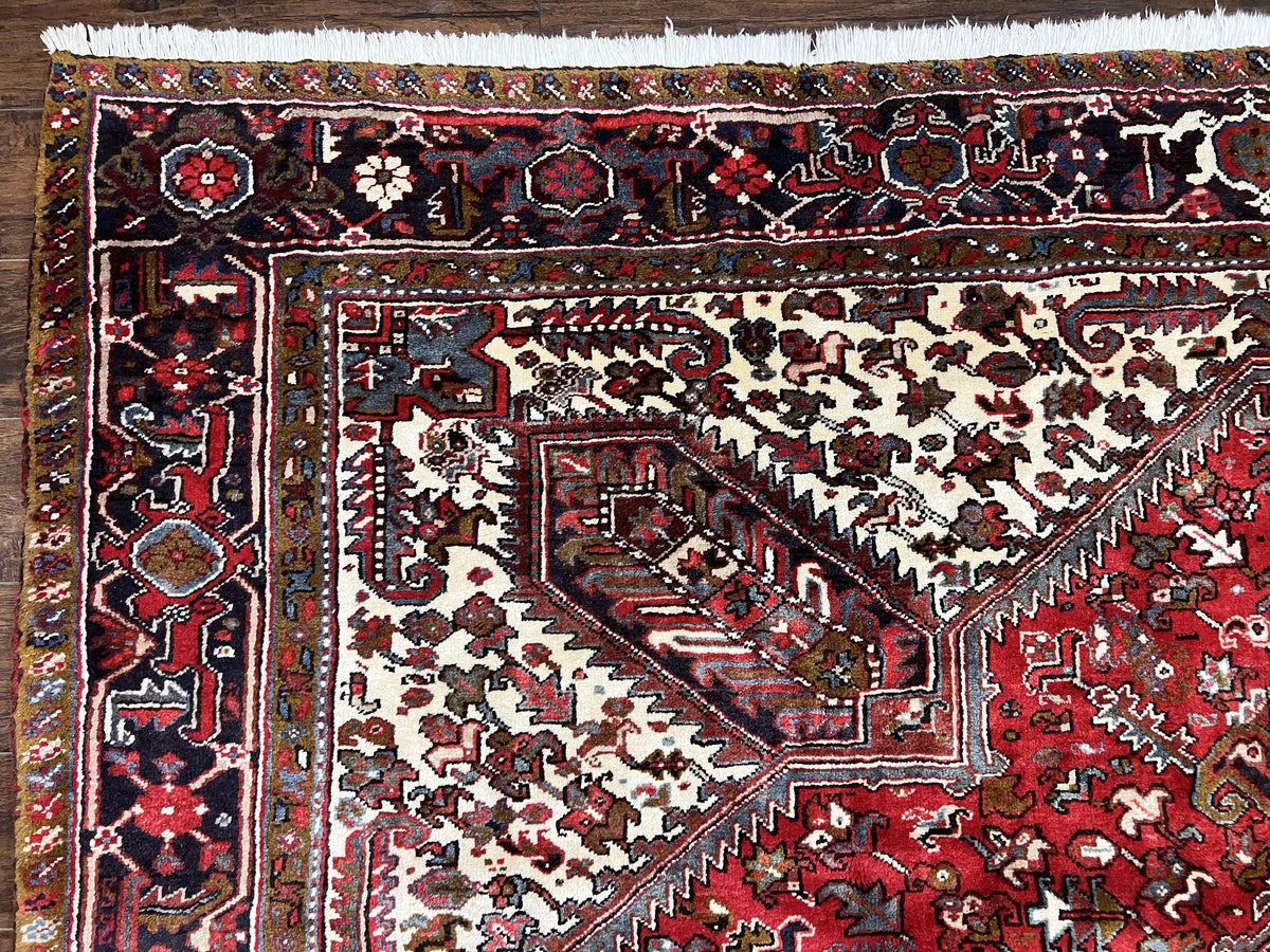 Large Persian Heriz Rug 10x13, Wool Hand Knotted Antique Carpet, Red and Ivory, Geometric Tribal Room Sized Rug, Decorative Oriental Rug - Jewel Rugs, view 7