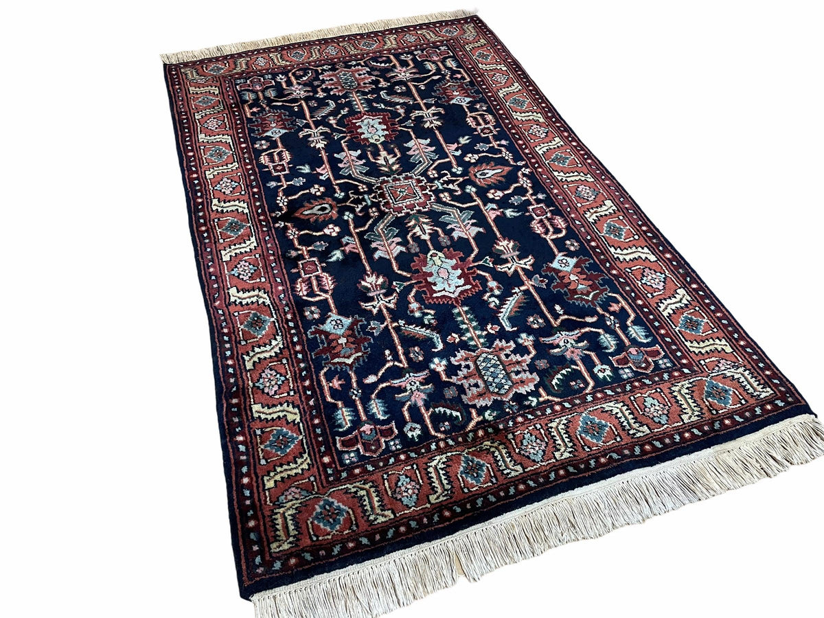 4x6 Vintage Handmade Wool Geometric Rug Organic Dyes Blue Red Hand-Knotted Rug - Jewel Rugs, view 3