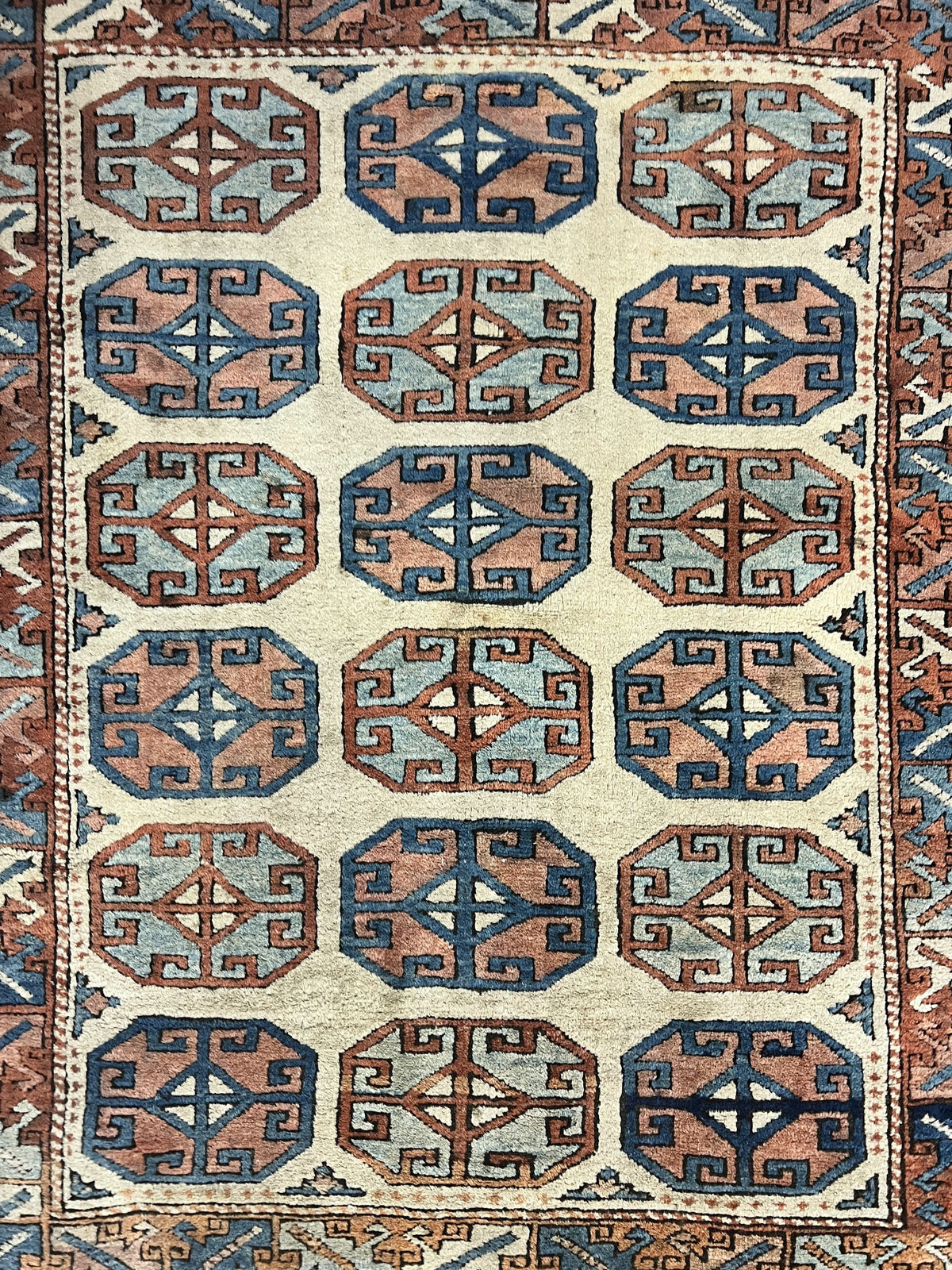 Turkish Kazak Rug 3x4, Wool Hand Knotted Handmade Vintage Carpet, Geometric Tribal Repeated Motif, Small 3 x 4 Antique Rug, Cream Red - Jewel Rugs, view 4