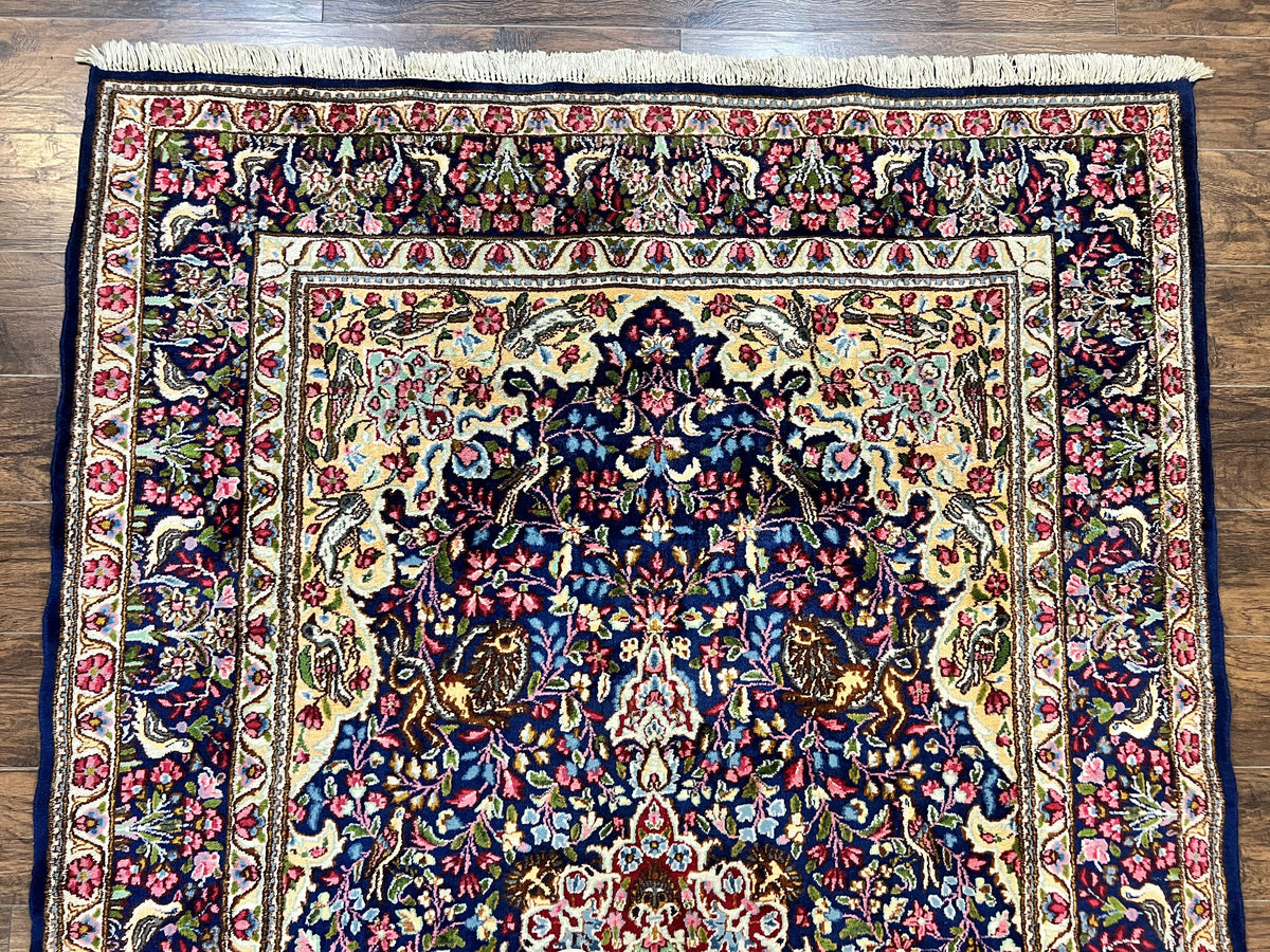 Persian Kirman Rug 6x9, Floral Medallion Vintage Wool Handmade Carpet 6 x 9, Animal Pictorials Birds, Semi Antique, Navy Blue, Millefleur - Jewel Rugs, view 3