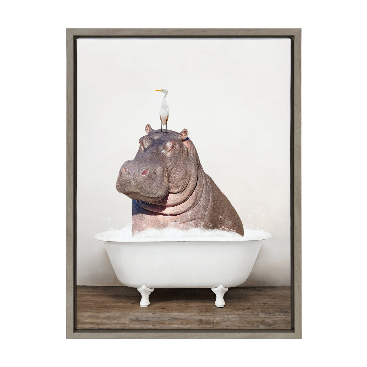 Sylvie Hippo and Bird in Rustic Bath Framed Canvas by Amy Peterson Art Studio