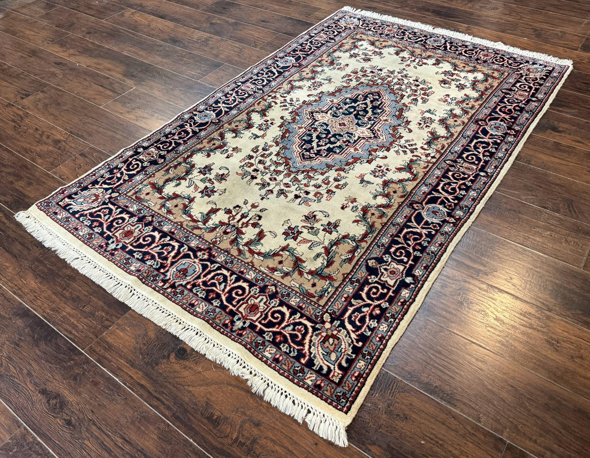 Indian Kashmiri Rug 4x6, Ivory Beige Navy Blue, Traditional Indo Persian Rug - Jewel Rugs, view 3