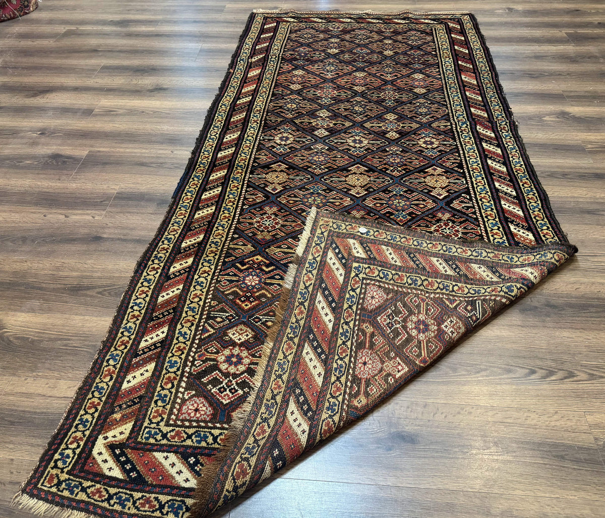 Antique Persian Wide Runner Rug 4x9, Kurdish Rug, Panel Design, Rainbow Border, Rare Tribal Rug - Jewel Rugs, view 12