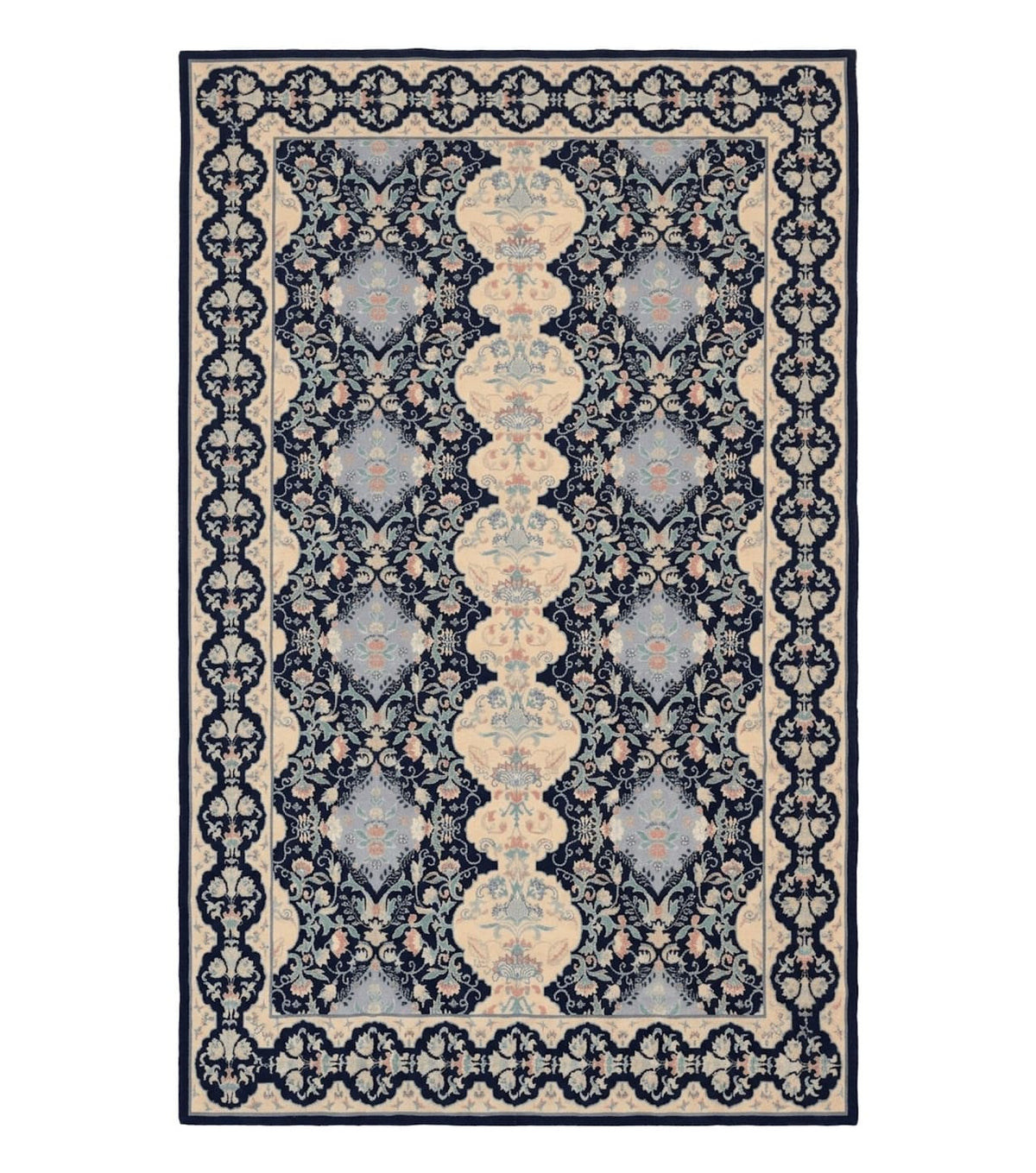Needlepoint Rug 6x9, Ivory and Navy Blue - Jewel Rugs