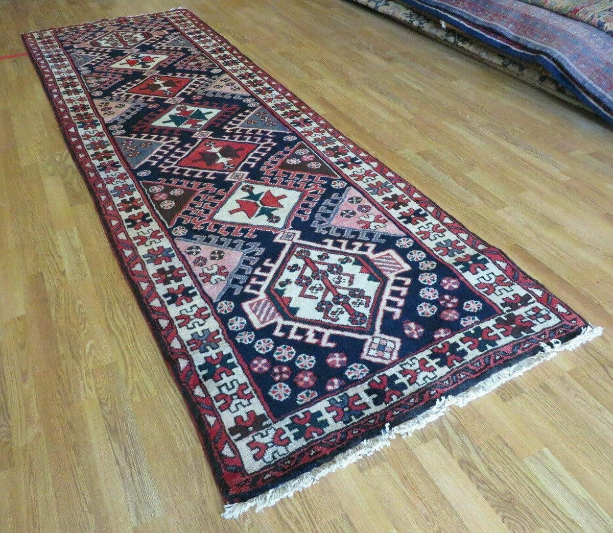 Persian Runner Rug 3.5 x 10.7, Karajeh Heriz Rug, Navy Blue, Geometric Medallions - Jewel Rugs, view 2