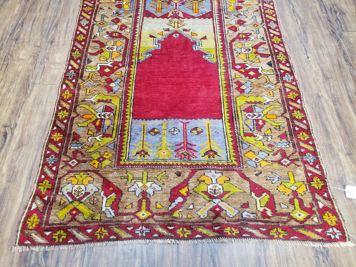 Antique Turkish Prayer Rug 3.8 x 5ft, Colorful Prayer Rug, Red Blue Gold Multicolor Turkish Anatolian Carpet, Handmade Hand-Knotted, Wool - Jewel Rugs, view 6