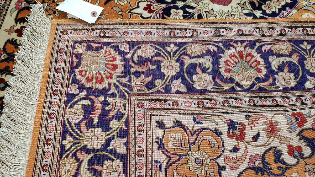 Vintage Persian Qum Silk Rug 4.6 x 6.7, Burnt Orange and Navy Blue, Antique Oriental Very Fine Signature Master Weaver 350+ KPSI Ghom Qom 5x7 Rug - Jewel Rugs, view 11