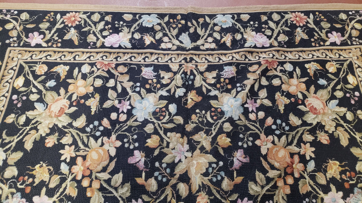 6x9 Vintage Needlepoint Rug, Petitepoint Carpet, Butterflies Floral Design - Jewel Rugs, view 4