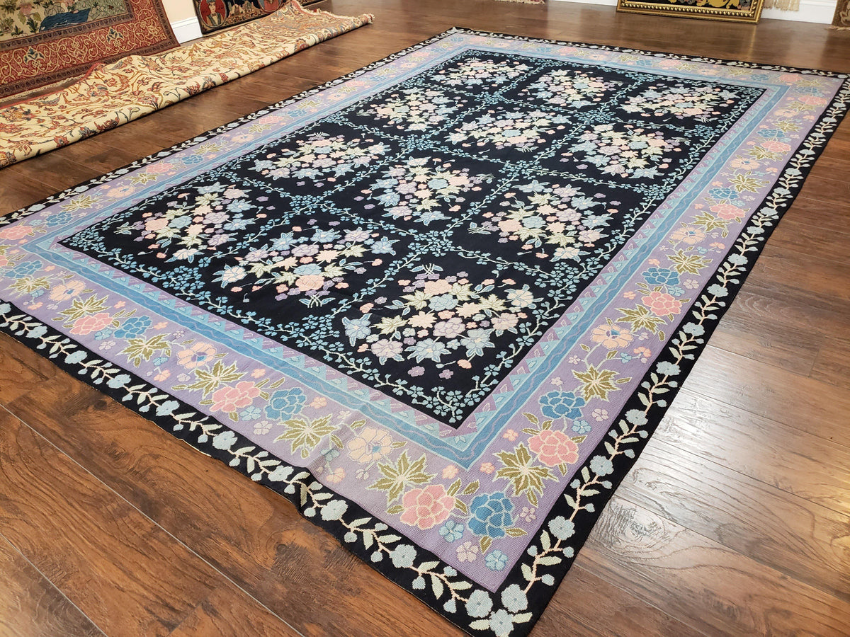 Chinese Needlepoint Rug 8 x 11.4, Hand-Woven Area Carpet, Flatweave Rug, Black Blue Light Violet Floral Garden European Design Wool Aubusson - Jewel Rugs, view 3