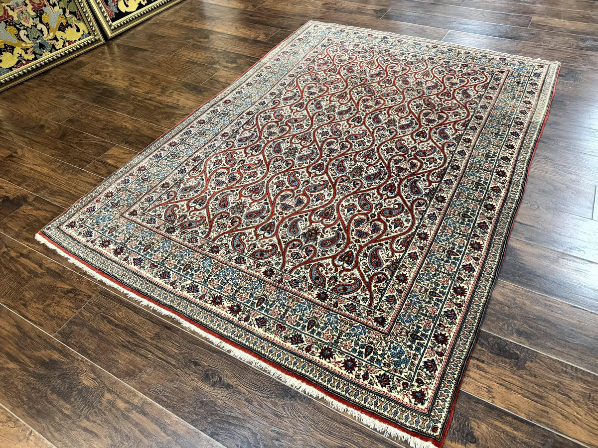 Unique Persian Qum Rug 5x7, Repeated Paisely Boteh Design, Ivory Red Blue, Handmade Antique Wool Persian Carpet, Finely Hand Knotted - Jewel Rugs, view 3
