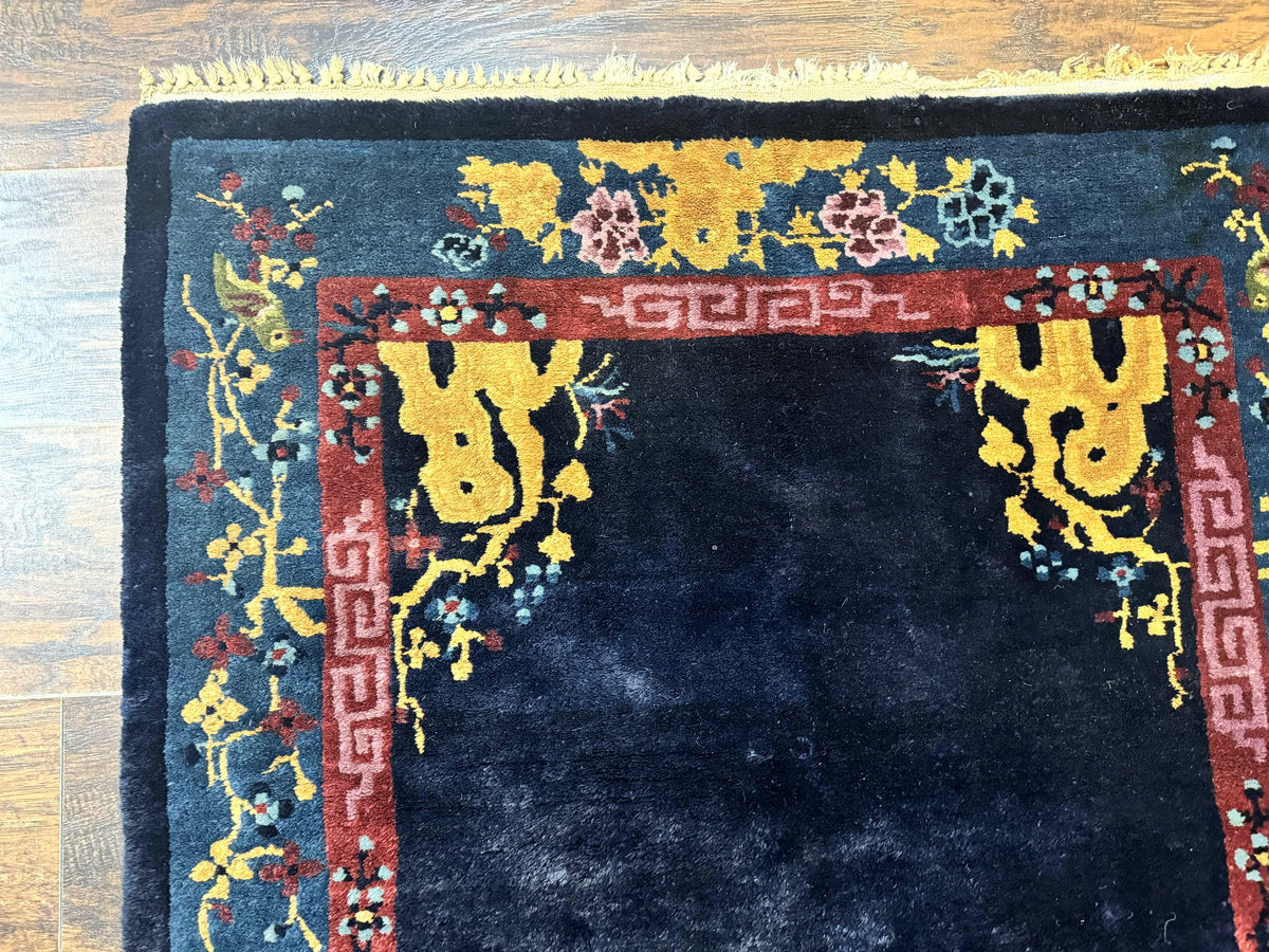 Antique Chinese Peking Rug 3x6, Dark Blue, Bird Motif, Handmade Wool Art Deco Asian Oriental Carpet, Pair B - Jewel Rugs, view 7