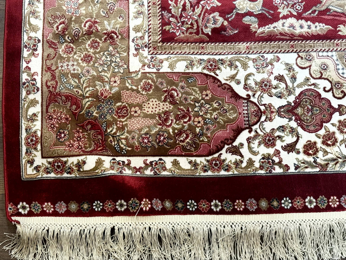 Turkish Silk Hunting Scene Rug 5 x 7.6, Red & Ivory, Bamboo Silk, New - Jewel Rugs, view 8