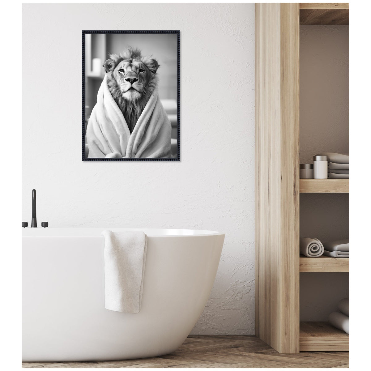 Sylvie Lion Bathroom Art Towel Robe Black and White Framed Canvas by The Creative Bunch Studio