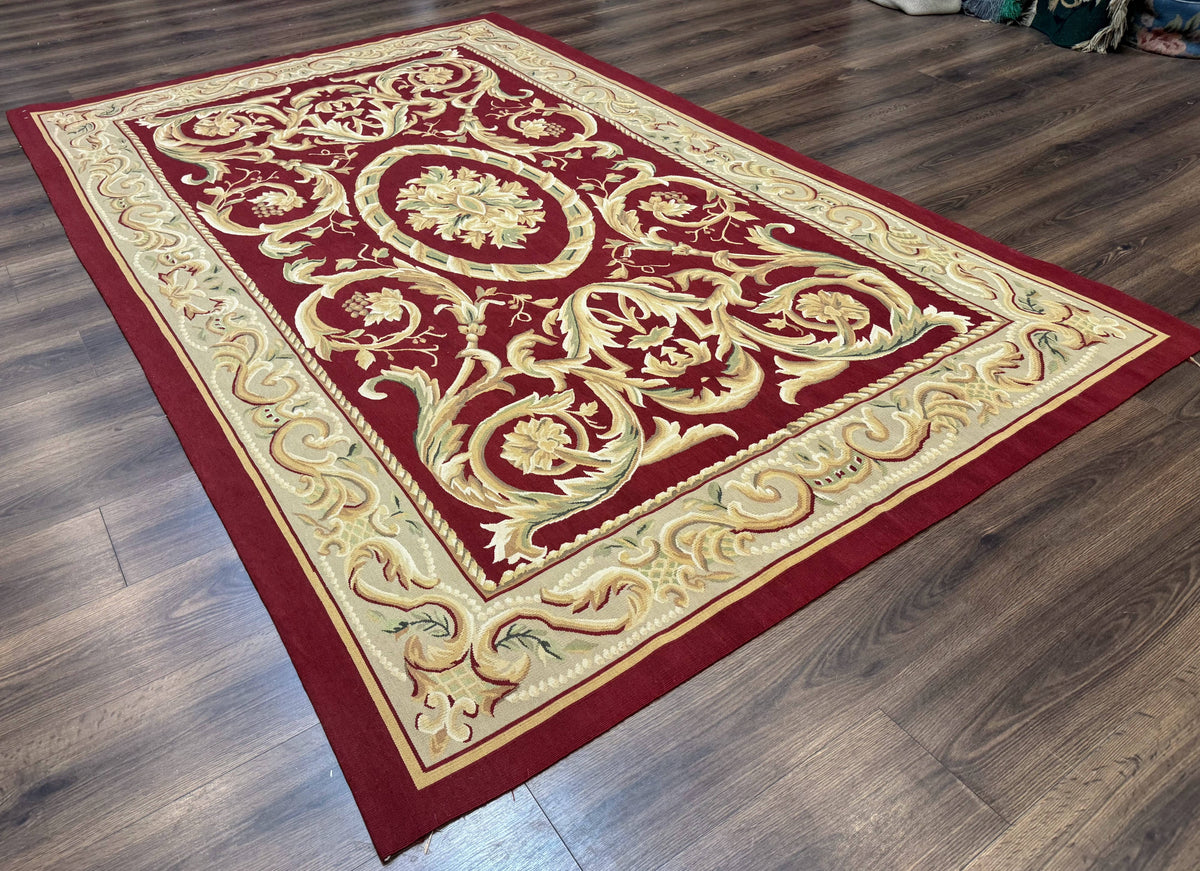 Burgundy Aubusson Rug 6x9, Vintage Wool Carpet - Jewel Rugs, view 13