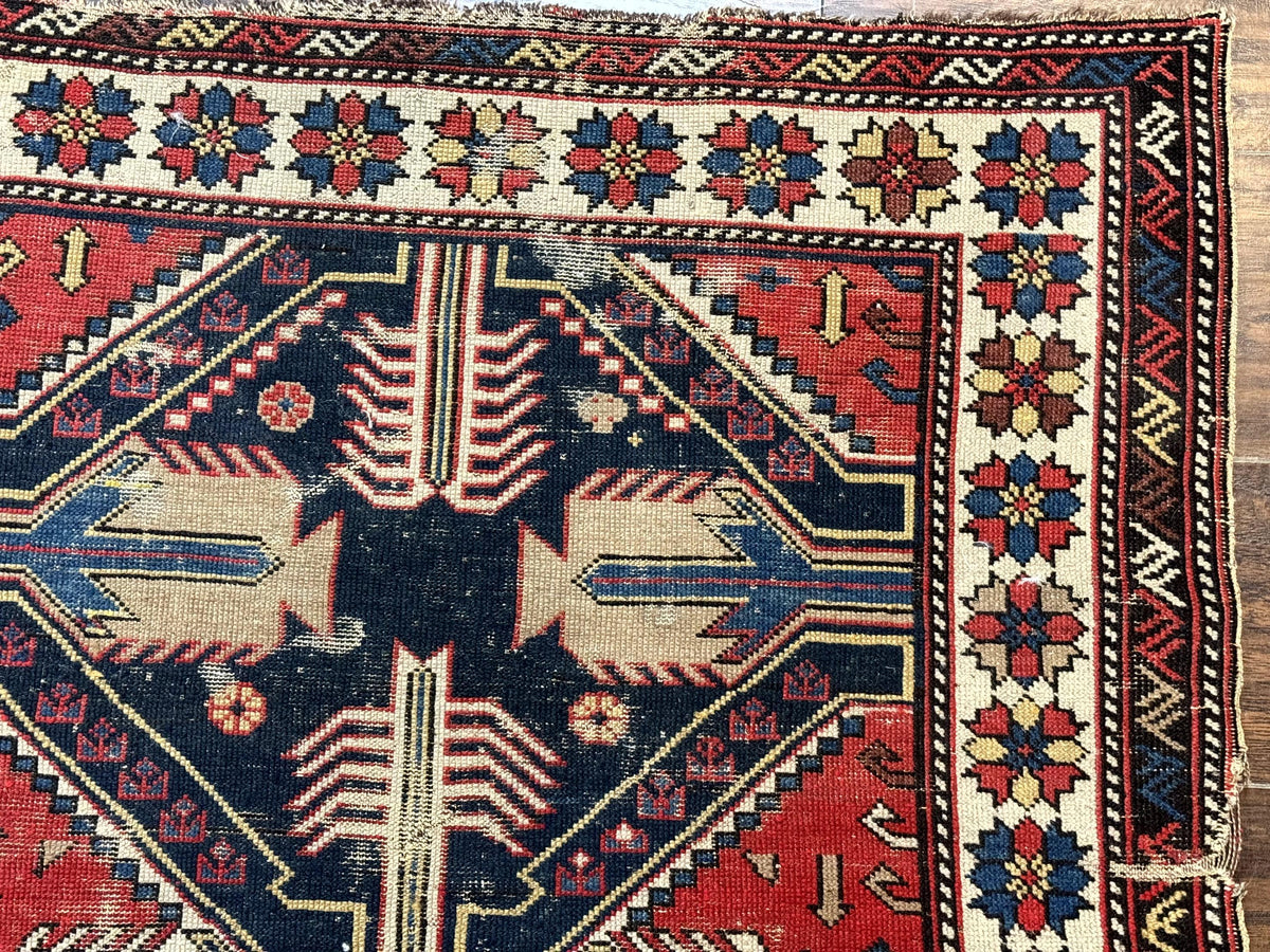 Antique Shirvan Caucasian Rug 3x5, Geometric Pattern, Red Navy Blue Beige - Jewel Rugs, view 8