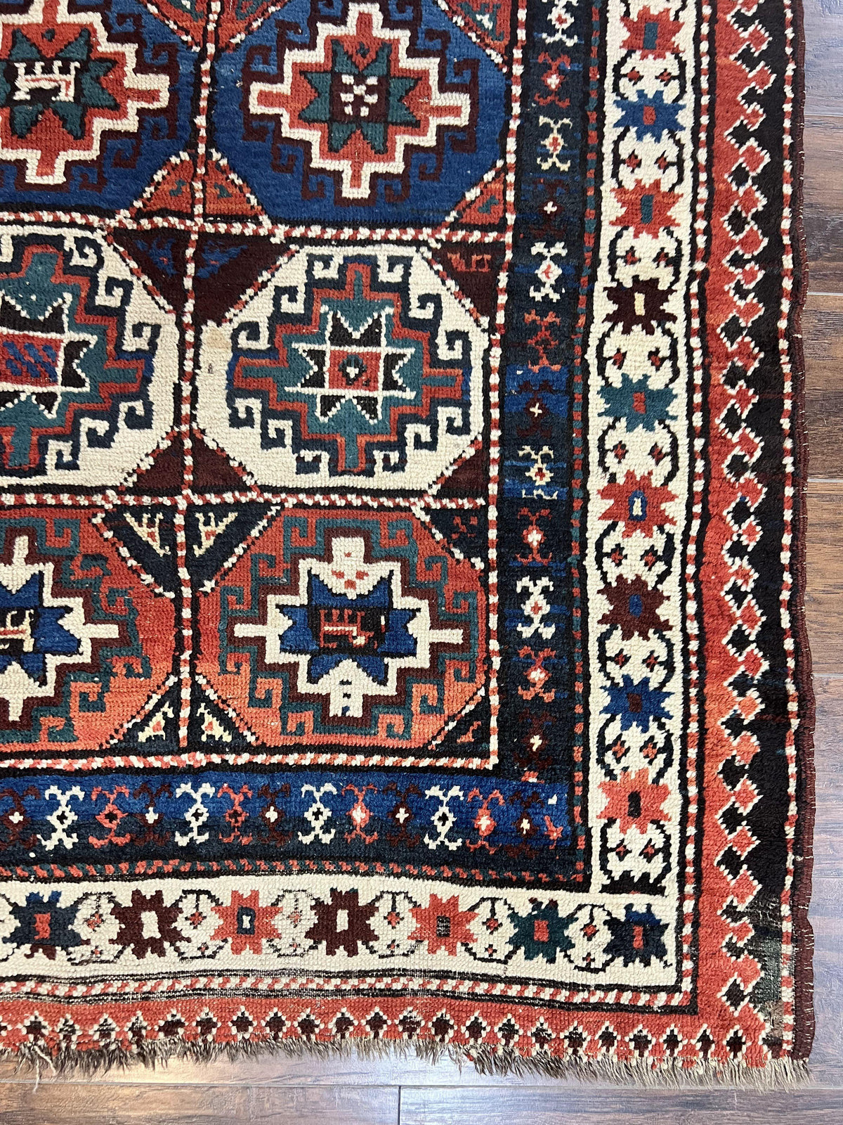 Antique Caucasian Kazak Runner Rug 4 x 9.5, Handmade Wool Rug for Hallway, Rare Colorful Panel Design Mid 19th Century 1870s Oriental Carpet - Jewel Rugs, view 9