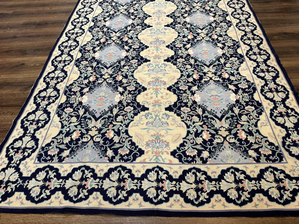 Needlepoint Rug 6x9, Ivory and Navy Blue - Jewel Rugs, view 6