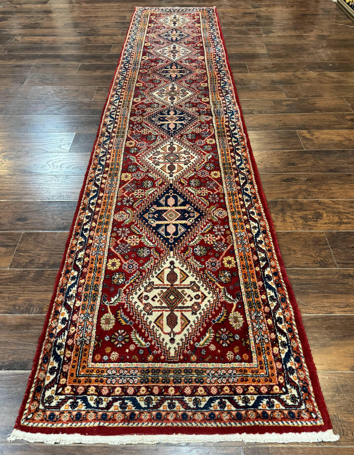 Antique Persian Qashqai Runner Rug 3 x 13 ft, Tribal Runner, Geometric Medallions, Red Ivory Blue, Wool - Jewel Rugs, view 12
