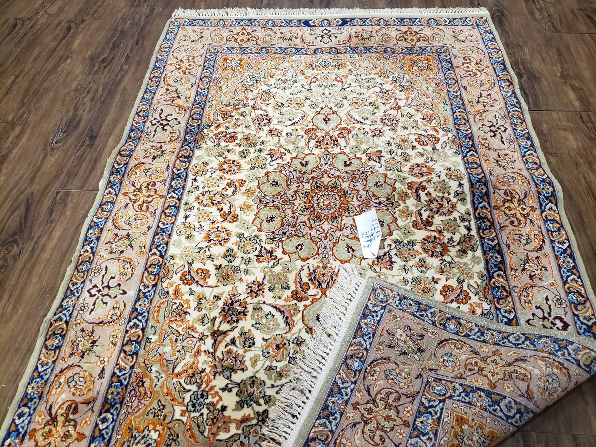 Vintage Persian Isfahan Lachak Toranj Rug, Highly Detailed, Kork Wool on Silk Foundation, Beige and Dark Blue, Hand-Knotted, 3'6" x 5' 4" - Jewel Rugs, view 13
