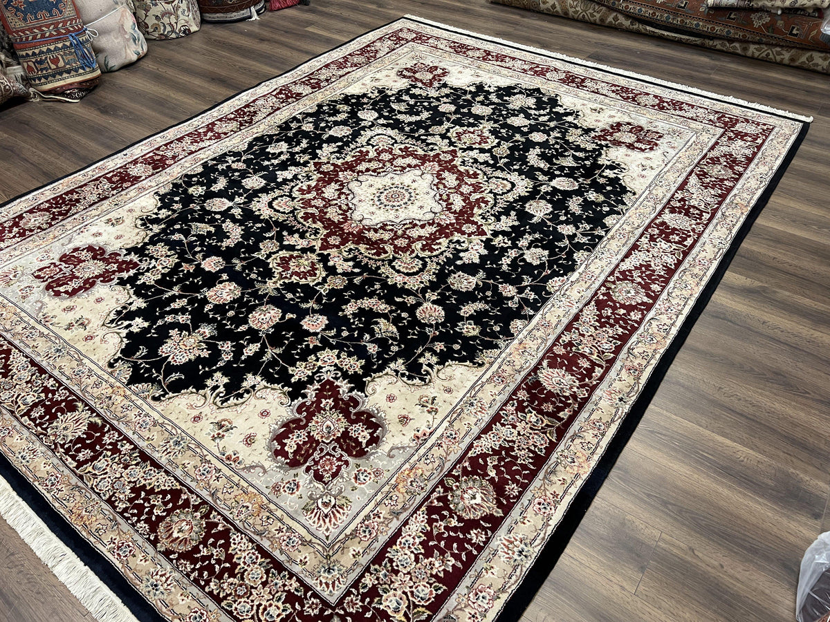 Pak Persian Rug 8.8 x 10.6, Floral Medallion, Wool and Silk Hand Knotted Fine Oriental Carpet, Elegant Rug, Black Gray Burgundy, Room Sized - Jewel Rugs, view 2