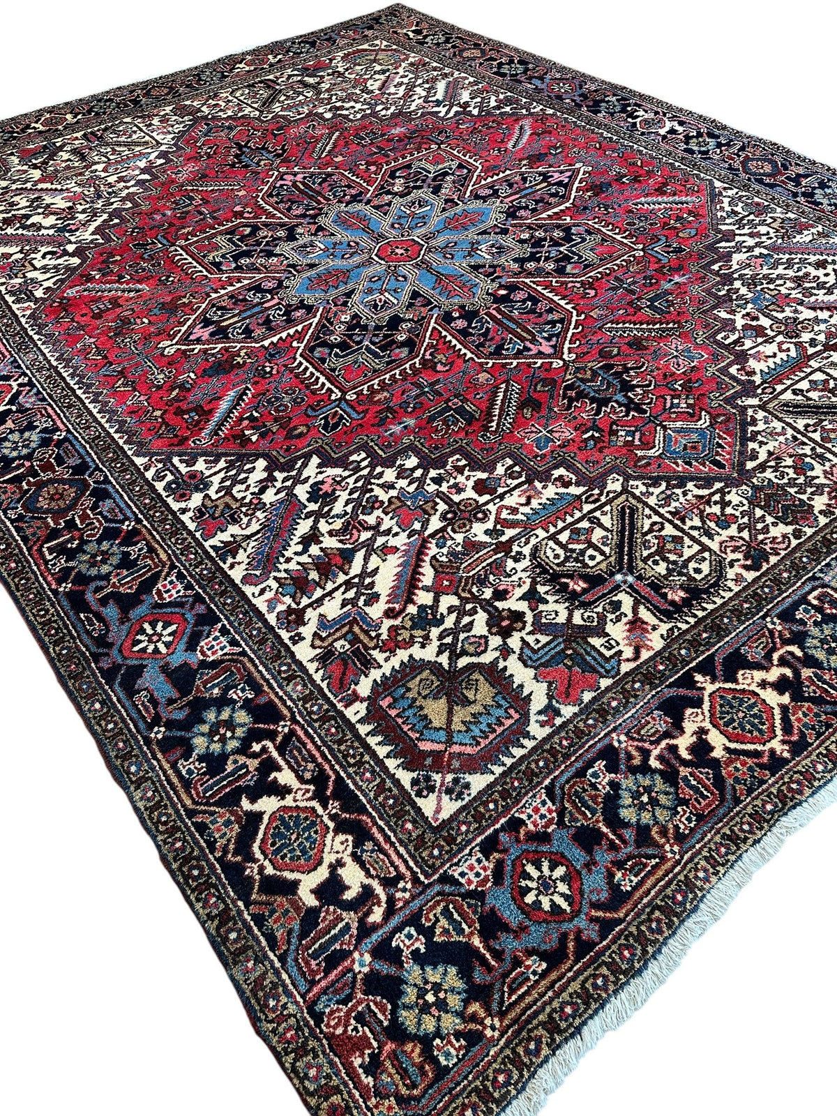 Vintage Persian Heriz Rug 9x12 | Red, Ivory & Navy | Hand-Knotted Wool - Rugistan, view 4