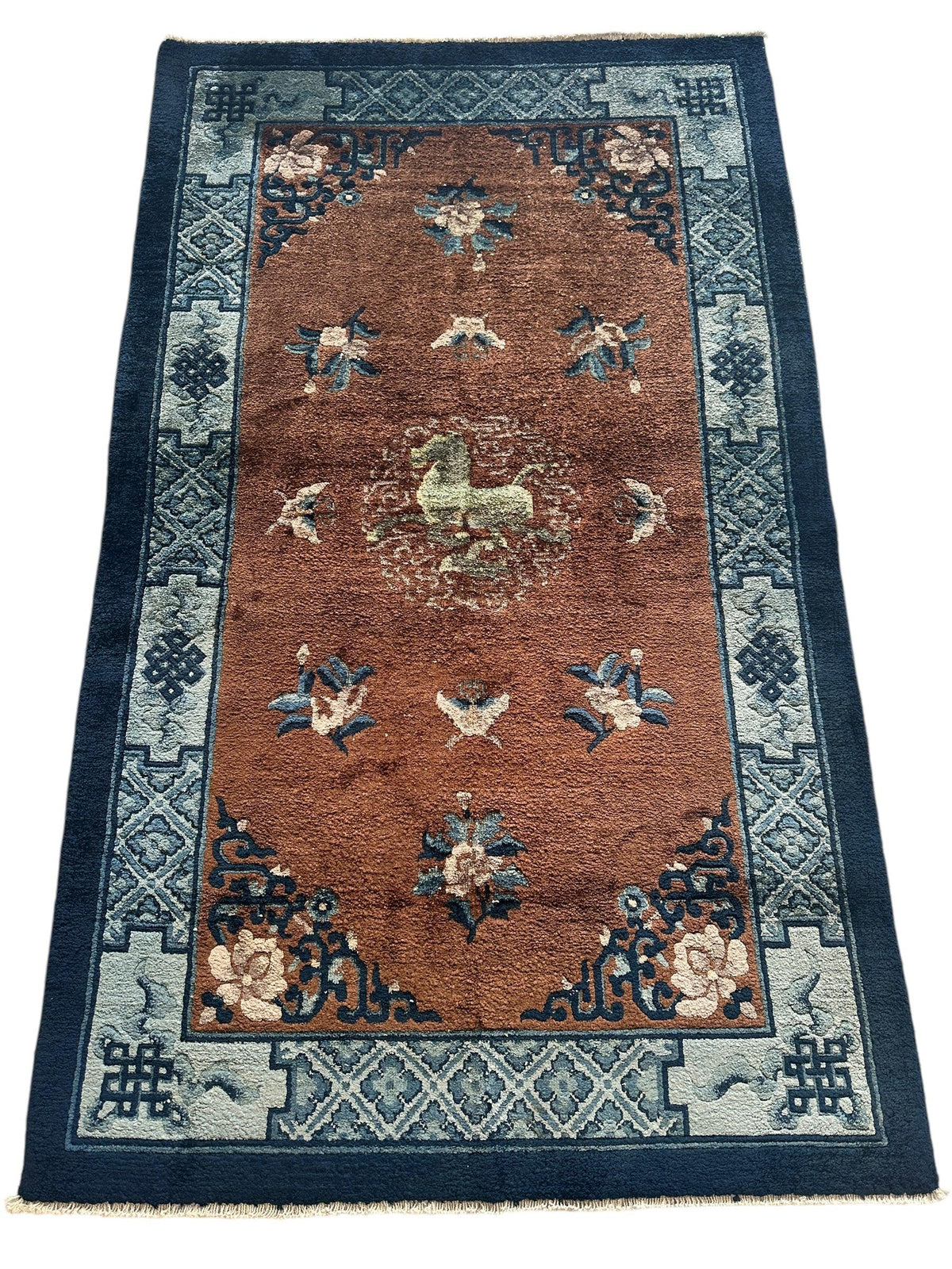 Chinese Rug 3x5 | Rust, Navy & Light Blue | Hand-Knotted Silk - Rugistan, view 3