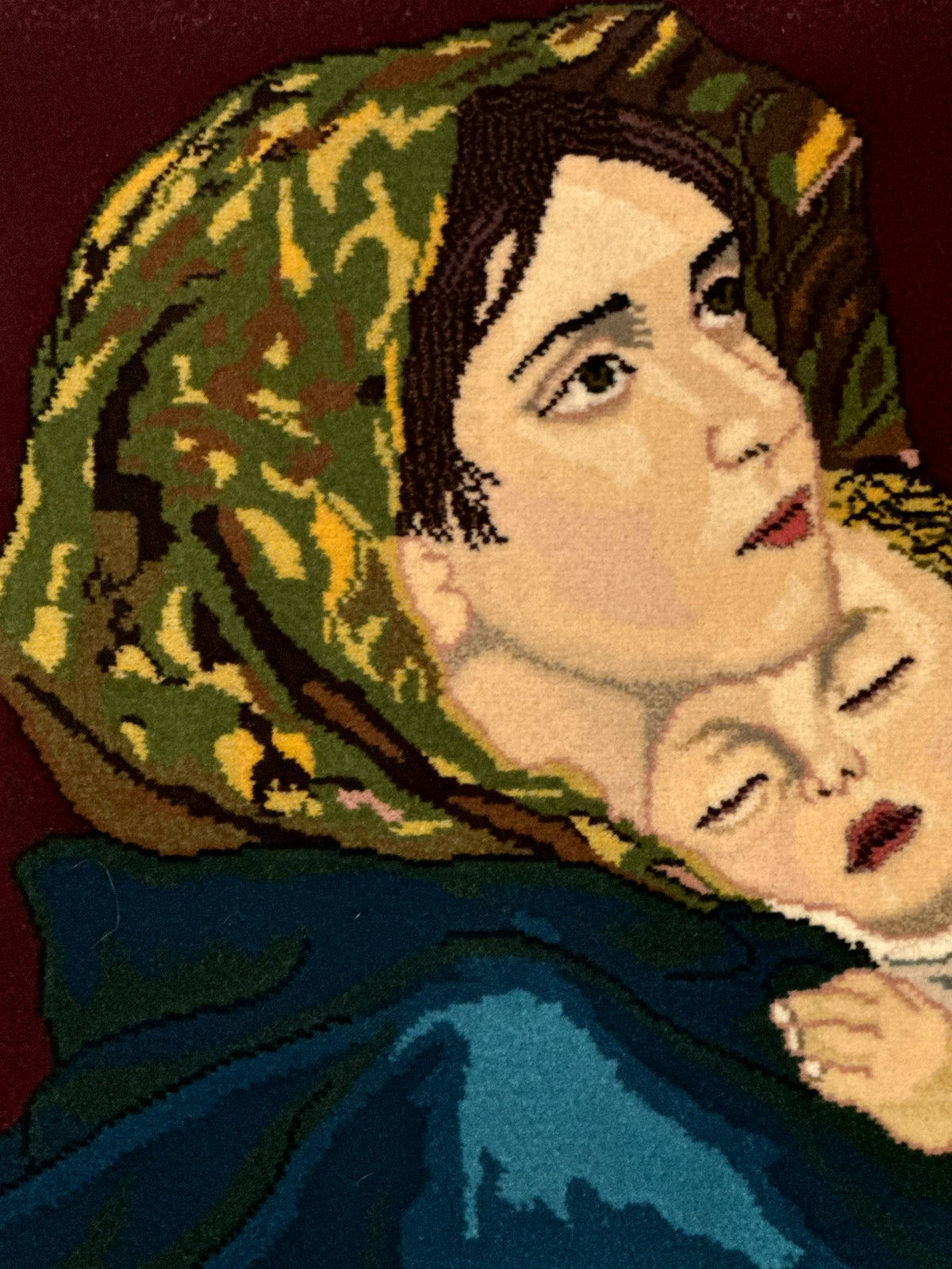 Small Persian Tabriz Pictorial Rug 2x2, Mother Holding Child, Very Fine 340 KPSI, Maroon - Jewel Rugs, view 7