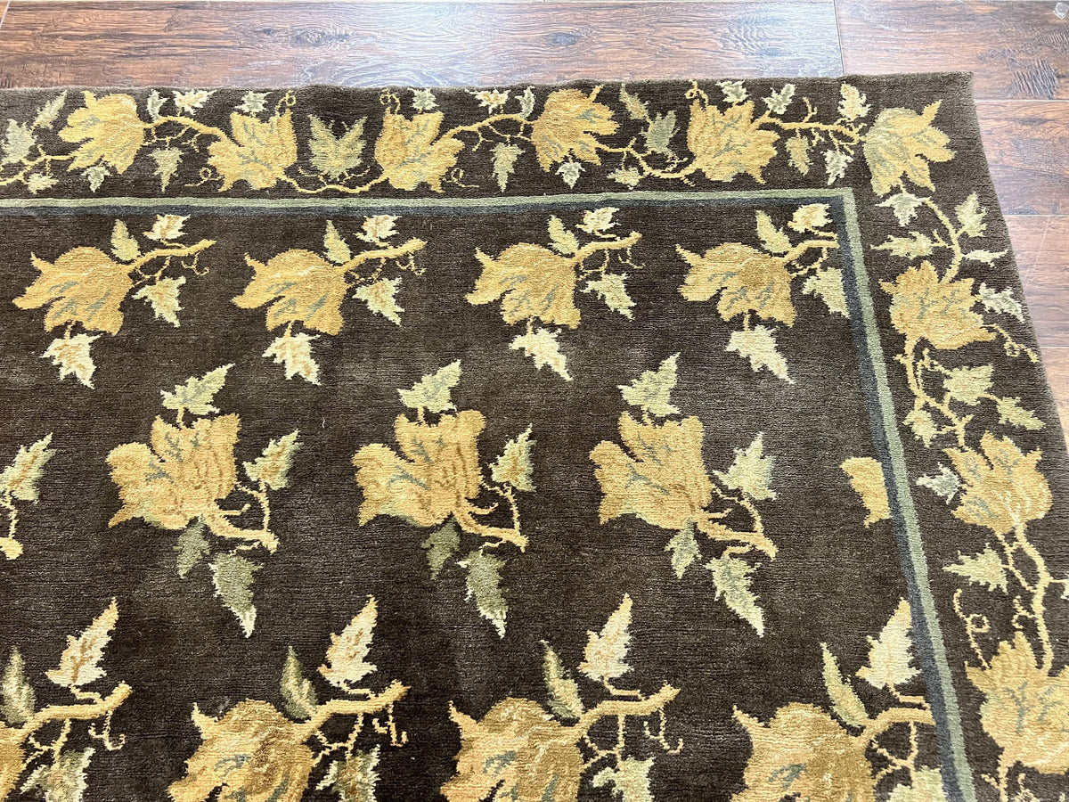 Tibetan Nepal Rug 6x9, Wool Hand Knotted Vintage Carpet 6 x 9, Dark Green & Golden Yellow, Floral Bouquets - Jewel Rugs, view 8