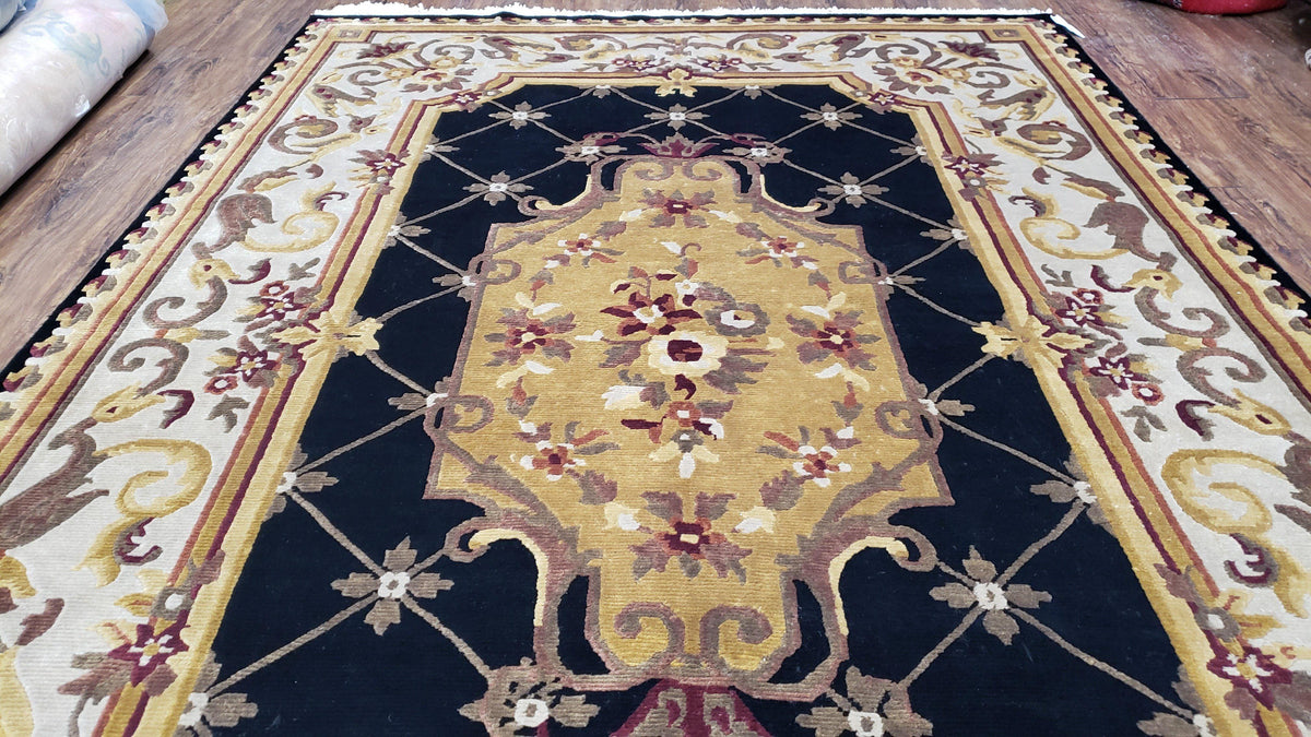 6x9 Nepalese Rug, Aubusson Savonnerie Area Rug 6 x 9 with Soft Pile, Hand-Knotted Wool Black & Beige Tibetan New Carpet European Design - Jewel Rugs, view 12