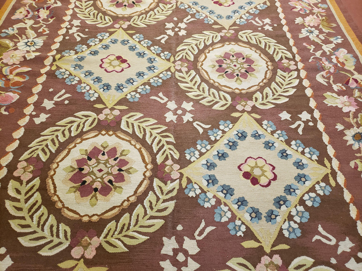 Aubusson Rug 6 x 9 Flat Weave Area Carpet European Design Flowers New Brown Rug Handmade Wool Hand-Knotted Aubusson Weave Medium Rug 6x9 - Jewel Rugs, view 6