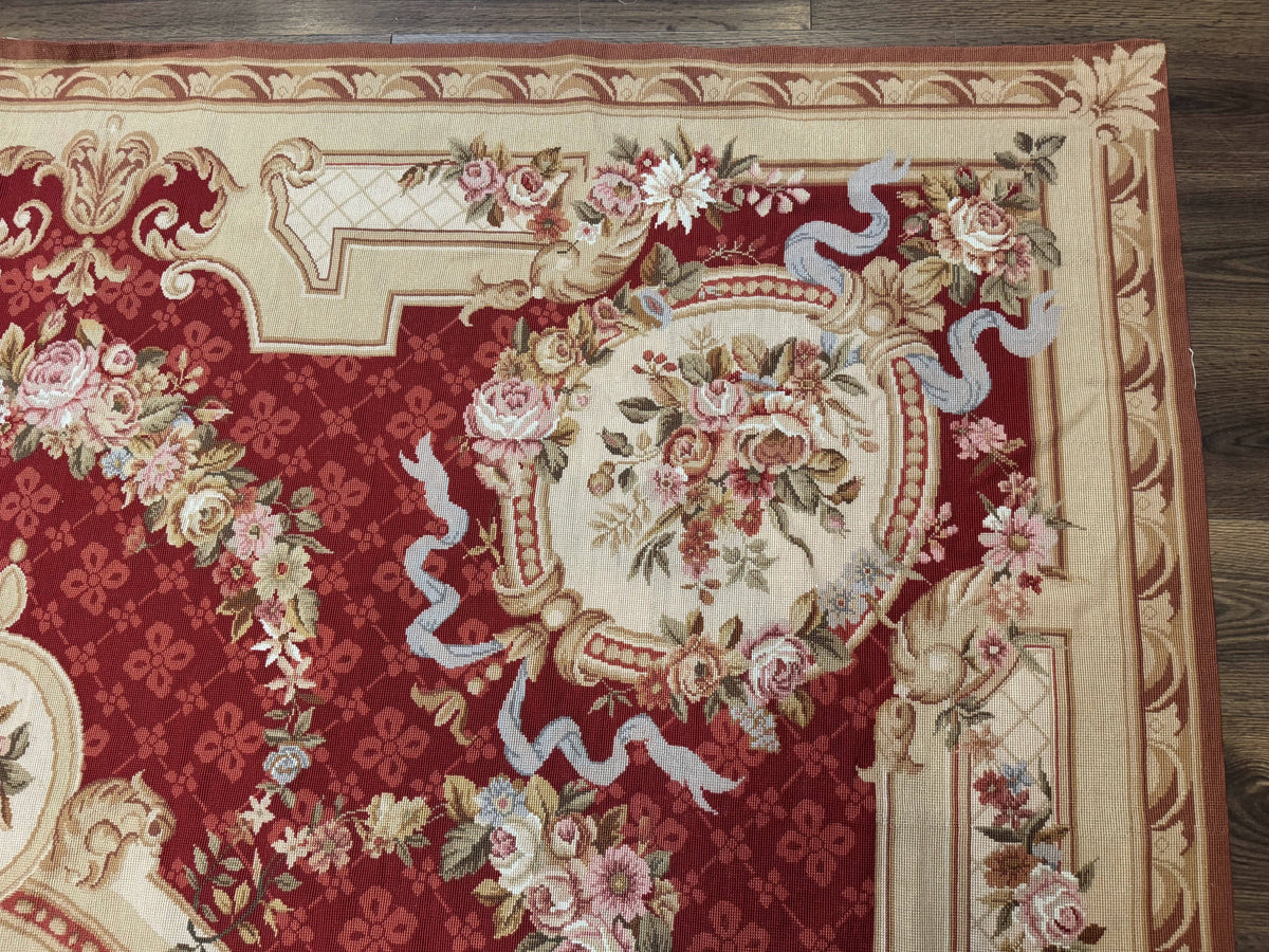 Aubusson Rug 8x11, Needlepoint Carpet, Red Ivory Beige, Vintage, French European Design - Jewel Rugs, view 8