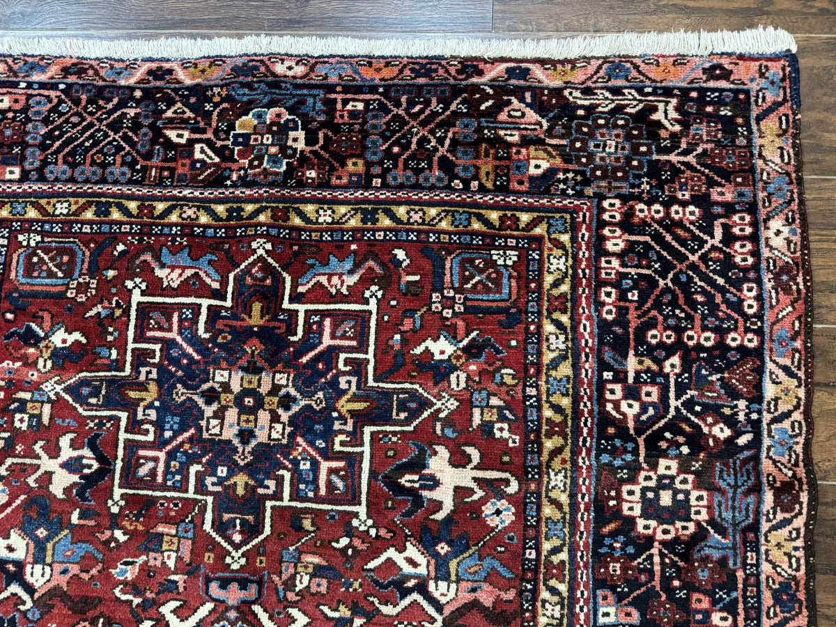Persian Karajeh Rug 5x6, Antique Heriz Carpet, Geometric, Persian Tribal Rug, Brick Red Navy Blue - Jewel Rugs, view 8
