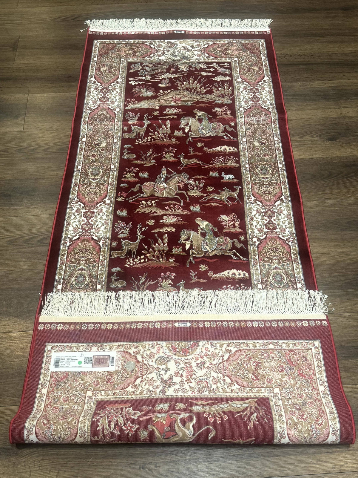 Turkish Silk Rug 2.6 x 6.7, Hunting Design, Short Runner Rug, Red & Ivory, Bamboo Silk, New - Jewel Rugs, view 12