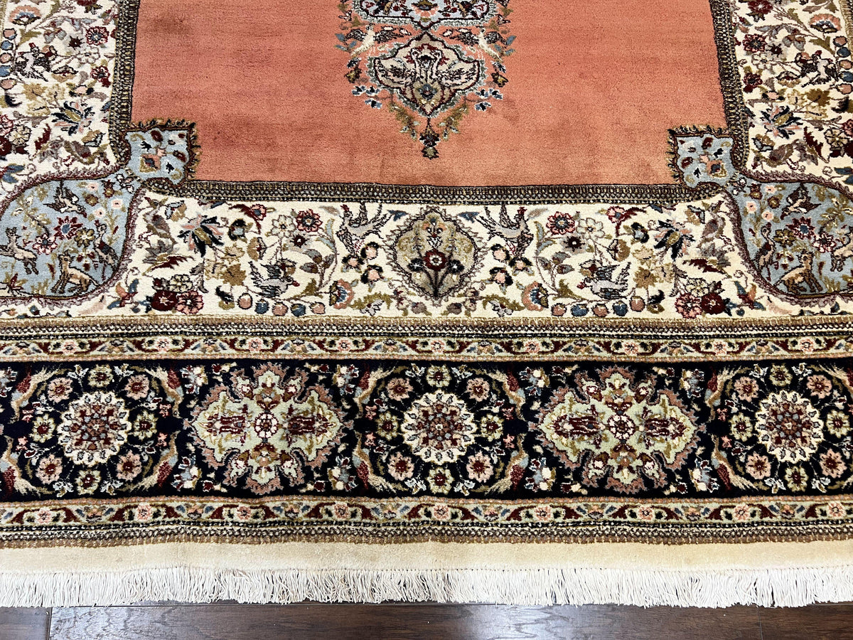 Persian Tabriz Rug 10x13, Wool Hand Knotted Vintage Carpet, Salmon Red & Ivory, Semi Open Field, Birds & Animal Motifs, Large Rug - Jewel Rugs, view 5