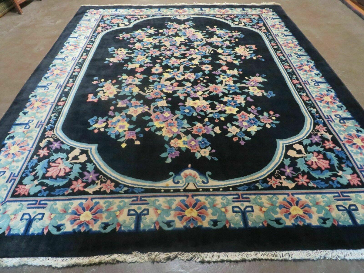 Black Chinese Wool Rug 8x10, Art Deco Floral Carpet, Soft Plush Pile - Jewel Rugs, view 2