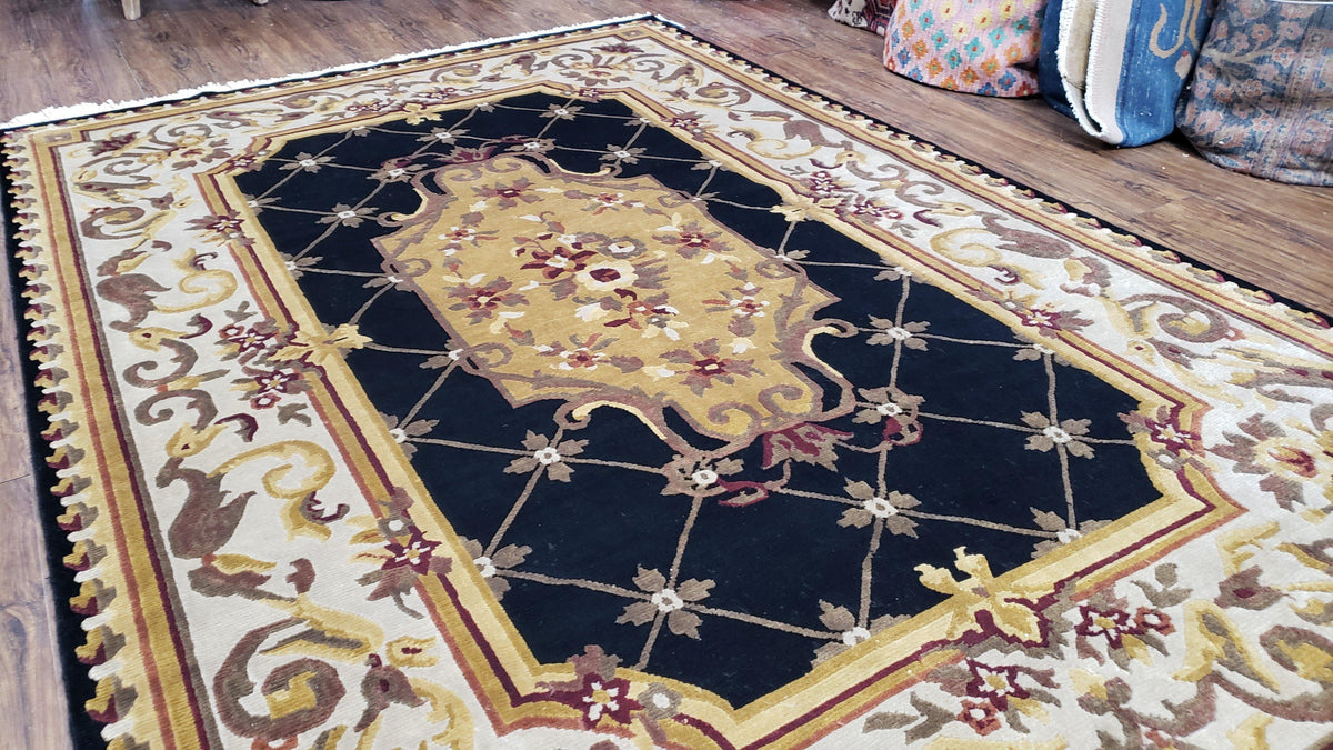 6x9 Nepalese Rug, Aubusson Savonnerie Area Rug 6 x 9 with Soft Pile, Hand-Knotted Wool Black & Beige Tibetan New Carpet European Design - Jewel Rugs, view 4