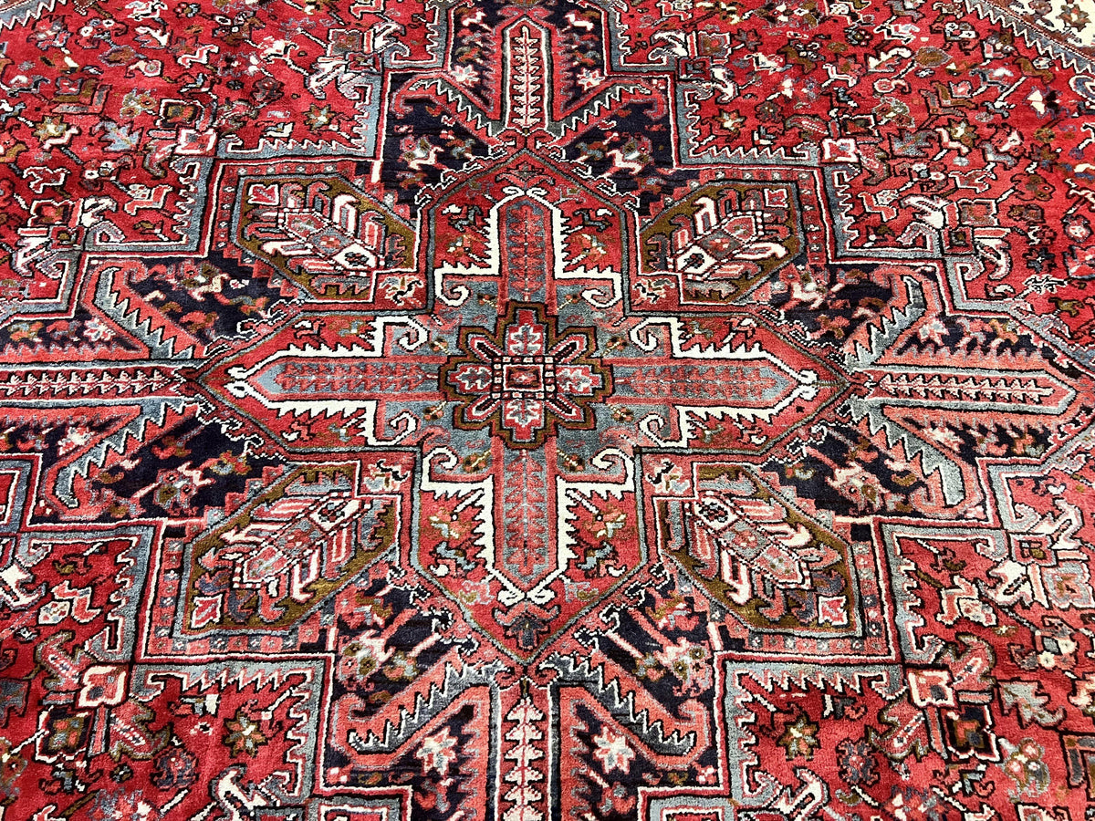 Large Persian Heriz Rug 10x13, Wool Hand Knotted Antique Carpet, Red and Ivory, Geometric Tribal Room Sized Rug, Decorative Oriental Rug - Jewel Rugs, view 5