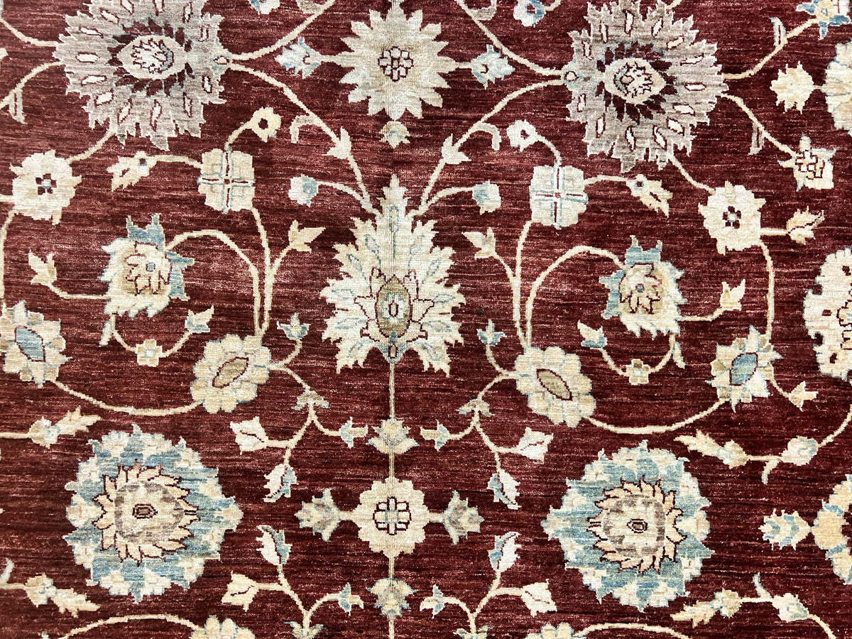 Peshawar Rug 9x11, Pakistani Oriental Carpet, Maroon and Beige, Floral Allover, Wool Hand Knotted Handmade Vintage Rug - Jewel Rugs, view 4