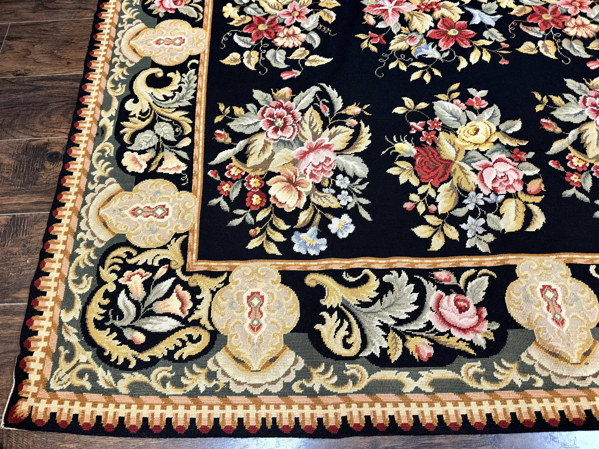 Palace Size Needlepoint Rug 12x16, Black and Colorful, Floral Panel, Handmade Oversized Wool Needlepoint Carpet, Rare - Jewel Rugs, view 9