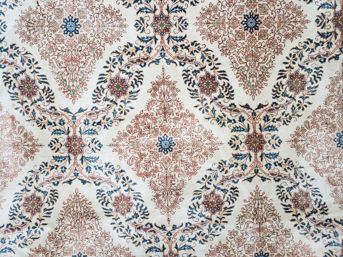 Fine Antique Persian Light Colored Kashan Carpet, 7x12, Top Quality, Rare, Ivory & Blues, Hand-Knotted, Wool - Jewel Rugs, view 5
