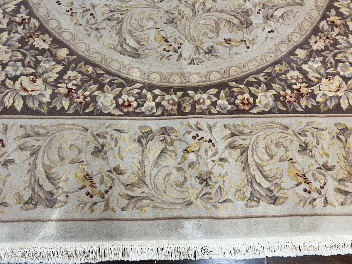 Aubusson Rug 10x14, Wool & Silk Highlights Hand Knotted Vintage Carpet, Birds Flowers, Fine Details, Elegant - Jewel Rugs, view 6