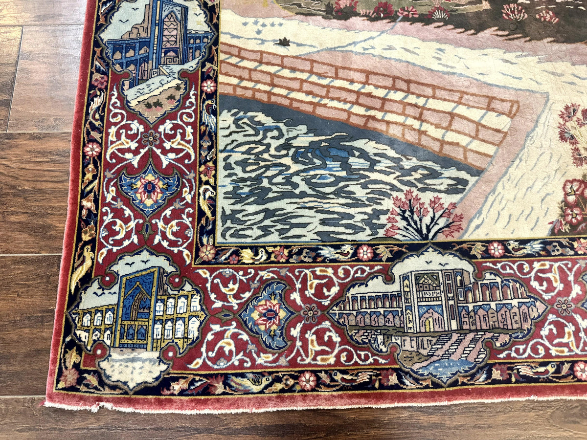 Persian Isfahan Pictorial Rug 3.6 x 5.7, Very Fine 400 KPSI, Historical Buildings, Signed By Masterweaver, Handmade - Jewel Rugs, view 9