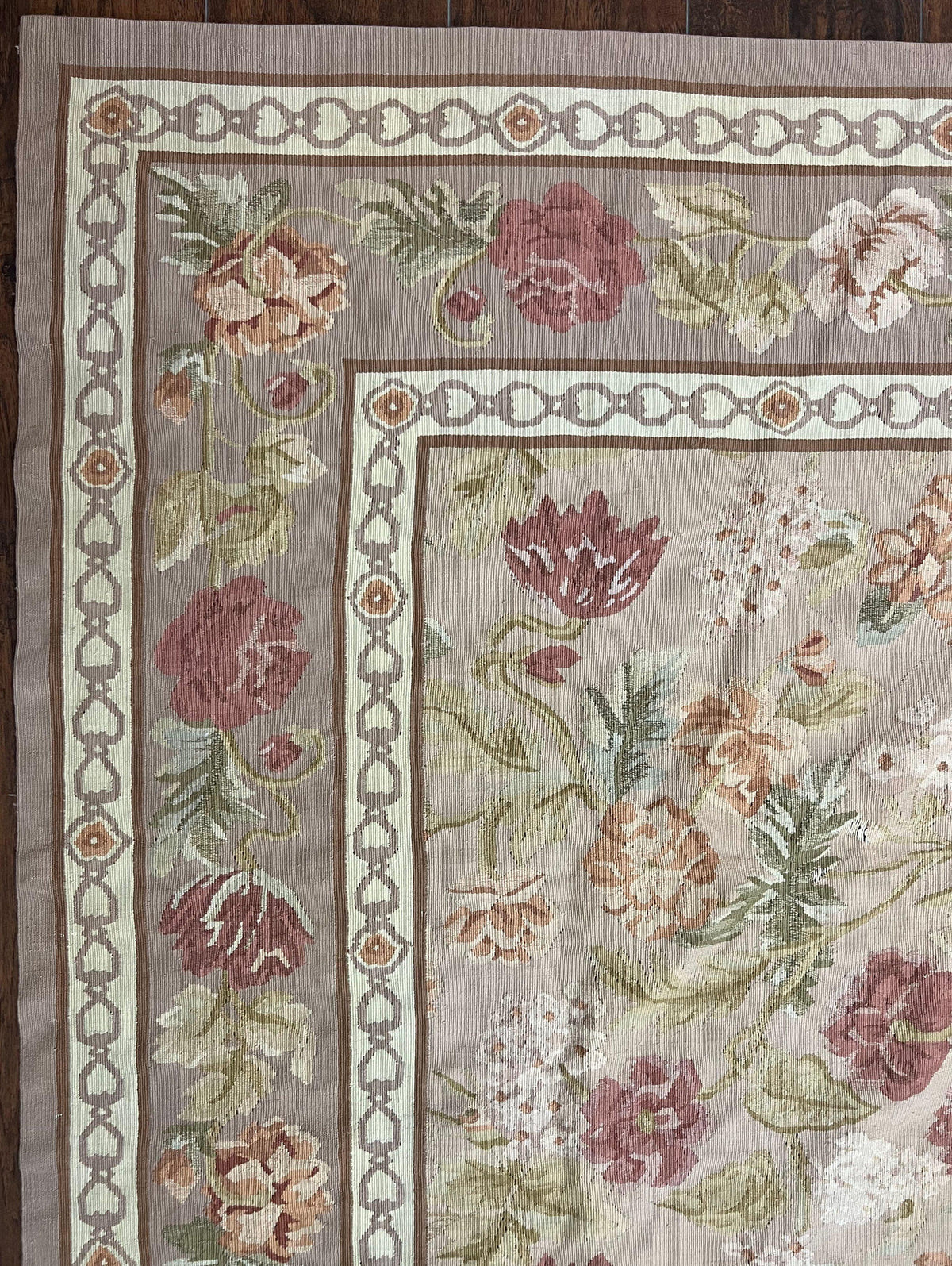 Aubusson Rug 9x12, Pink Beige Light Mauve, Handmade Allover Floral Roses, Wool Flatweave Carpet 9 x 12 ft, European French Design, Elegant - Jewel Rugs, view 7