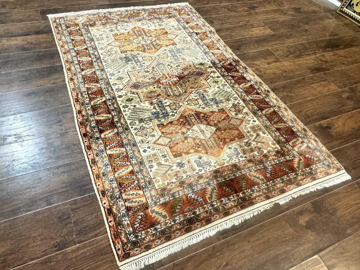 Turkish Kazak Rug 4x6, Geometric Medallions, Vintage Handmade Wool Carpet - Jewel Rugs, view 2