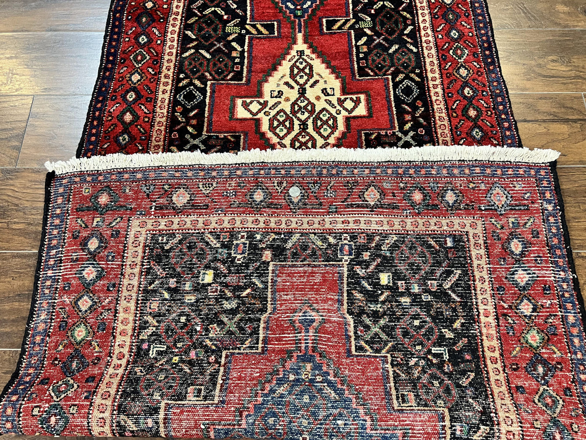 Persian Kurdish Senneh Runner Rug 3x9, Red Navy Blue, Medallions Wool Tribal Runner for Kitchen/Hallway 9ft Antique Handmade Oriental Runner - Jewel Rugs, view 12
