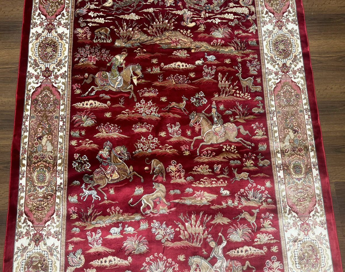 Turkish Silk Hunting Design Rug 4x6, Dark Red & Ivory, Bamboo Silk, New - Jewel Rugs, view 11