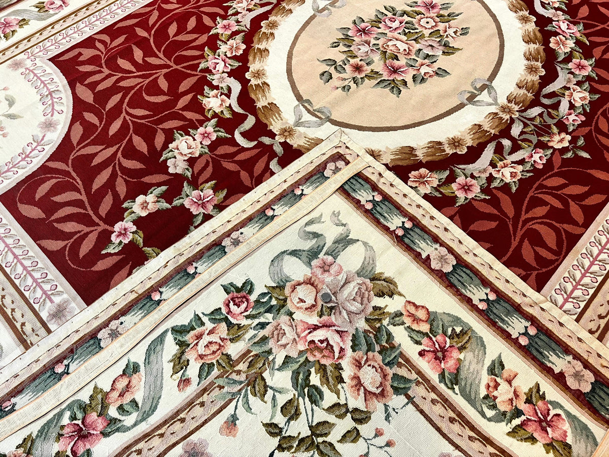 Wonderful Aubusson Rug 9x12, Handmade Vintage Needlepoint Carpet, Red and Ivory, Elegant European Design, Wool - Jewel Rugs, view 11