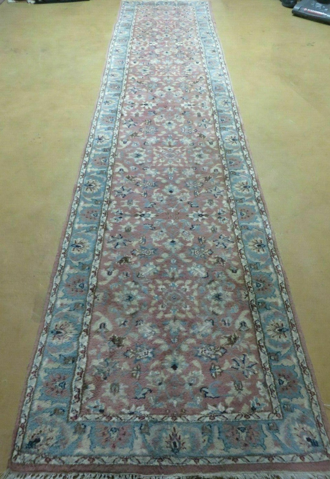 Indo Persian Runner Rug 2.8 x 12, Wool Hand Knotted, Pink and Light Blue - Jewel Rugs