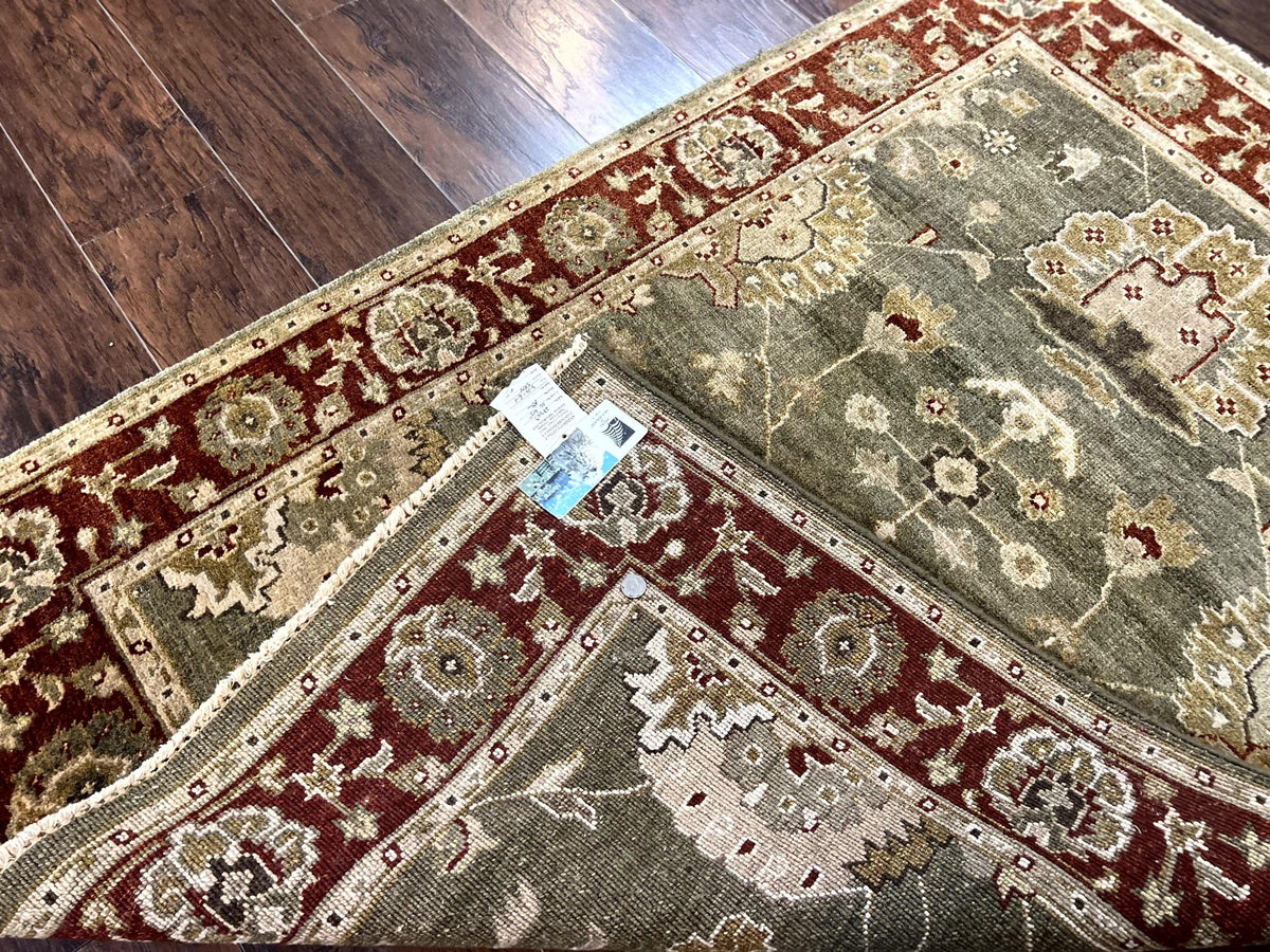 Indo Oushak Rug 4x6, Green and Maroon, Vintage Wool Floral Rug, Indian Agra Rug - Jewel Rugs, view 12